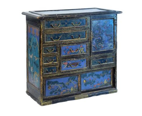 19th Century Japanese black lacquered and cloisonné floor standing side cabinet, the cloisonné drawer fronts, cupboards, side