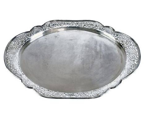 Edward VII heavy silver tray of oval form having an elaborate neo classical pierced border, makers Martin, Hall & Co, Sheffie