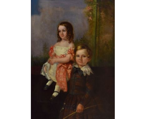 19th Century English School - Oil on canvas - Portrait of a young boy and girl, he wearing a tartan dress and holding a bow a