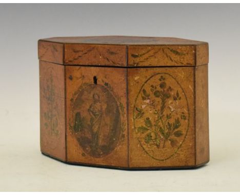 George III octagonal tea caddy, the front centre panel having an applied printed reserve, the remaining panels with painted f