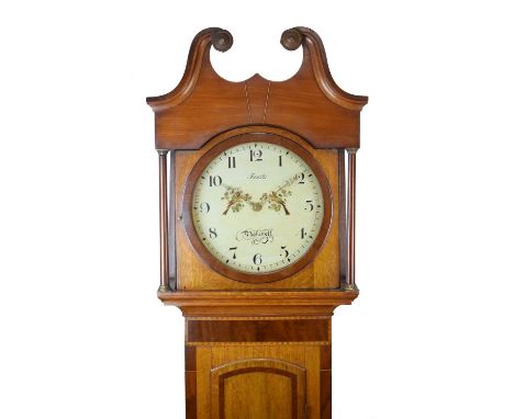 19th Century oak and mahogany longcase clock by Francis Foulks of Bakewell, the hood with swan neck pediment, circular glazed