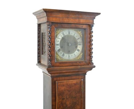 Early 20th Century walnut and figured walnut cased grandmother clock, the hood having a moulded cornice, square glazed door f