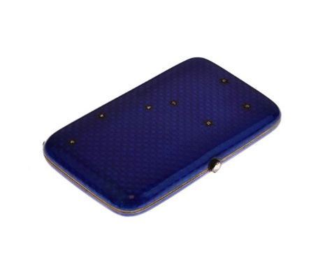 Lady's Faberge diamond set blue guilloché enamel and silver gilt cigarette case, bearing the workmaster's mark of August Wilh