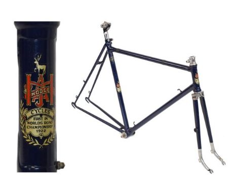 Vintage steel racing cycle frame in dark blue, bearing AJ Hodge transfers and further transfer stating the frame is built wit