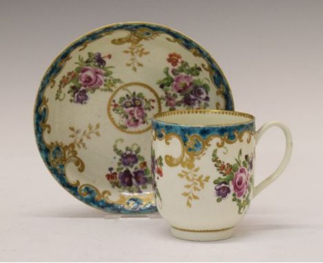 18th Century Worcester tea cup and saucer decorated with gilt highlighted polychrome enamels, the cup with crossed swords mar