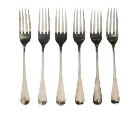 Set of six Victorian silver Old English pattern table forks, maker William Smily, London 1855, 20.5cm long, 12.9oz approx  Co
