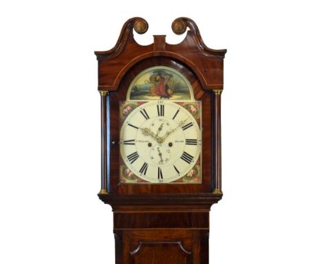 19th Century oak and mahogany longcase clock by Thomas Waldie of Blyth, the hood with swan neck pediment, arch shaped glazed 