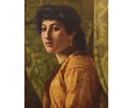 20th Century Continental School - Oil on canvas - Portrait of a young lady wearing an orange dress and gold earrings, unsigne