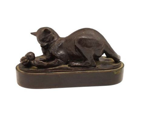 Bronzed copper clad plaster figure depicting a cat playing with a ball, after Katherine Lane Weems, 14cm long  Condition: No 