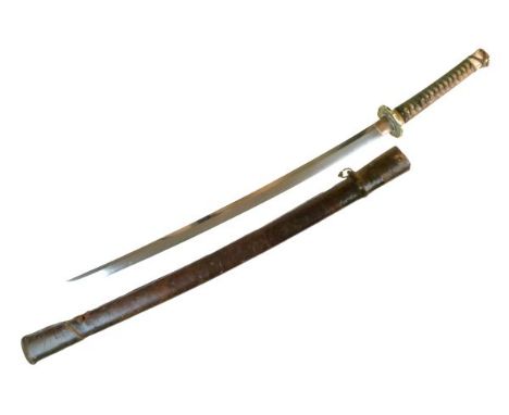 Japanese officers Katana, with braid bound shark skin covered grip and military pattern brass furniture, the curved single ed