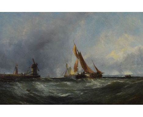 Edwin Hayes (1819-1904) - Oil on canvas - Seascape with barges and windmill on the shore, signed and indistinctly dated, 39cm