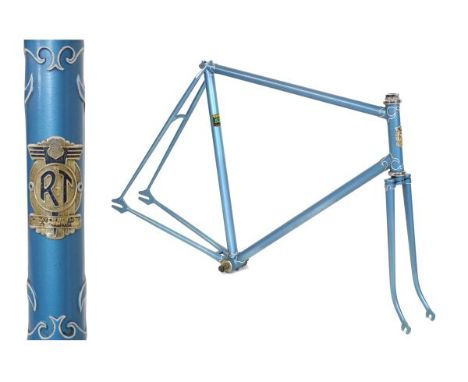 Rotrax steel racing cycle frame in light blue with white tube lining to the lug work bearing Reynolds 531 renovated transfer,