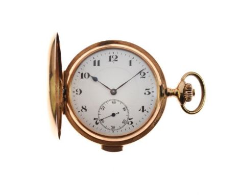 Anonymous - Hunter minute repeating pocket watch, stamped '14k', the white enamel dial with black Arabic numerals, hands, and