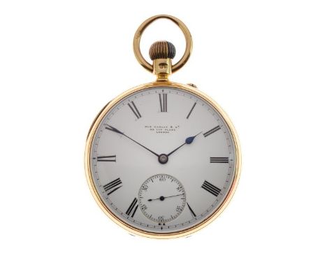 Geo Carley & Co, 30 Ely Place, London - 18ct gold open faced pocket watch, the signed white enamel dial with black Roman nume