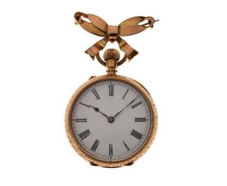 Anonymous - 18ct gold fob watch, with white enamel dial, black Roman numerals, and hands, the four piece hinged, engraved and