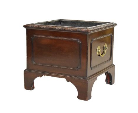 Mahogany square shaped coal/log bin having a carved rim, brass handles and standing on bracket feet, 41.5cm wide  Condition: 