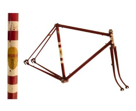 Armstrong of Birmingham Reynolds 531 steel racing cycle frame in metallic burgundy with white head tube having ornate lugs an