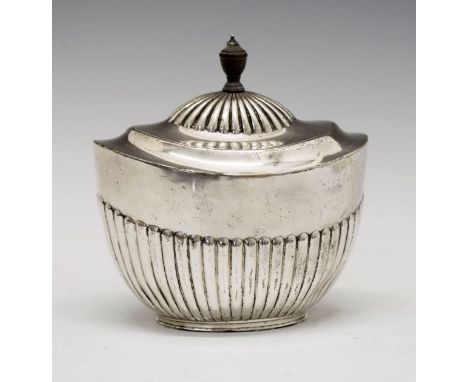 Victorian silver oval tea caddy having half reeded decoration, makers Walter & John Barnard, London 1883, 13cm wide, 9.7oz ap
