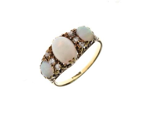 Opal and diamond ring, indistinct mark, the three graduated oval cabochons with trios of single cut diamonds between, carved 