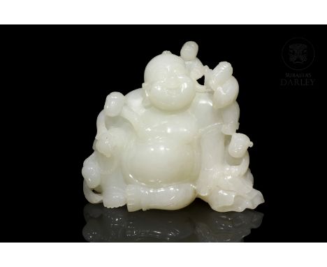 Buddha-figure made of white jade from Hetian, in one piece. It shows the effigy of ‘Maitreya Buddha’, designated as the succe