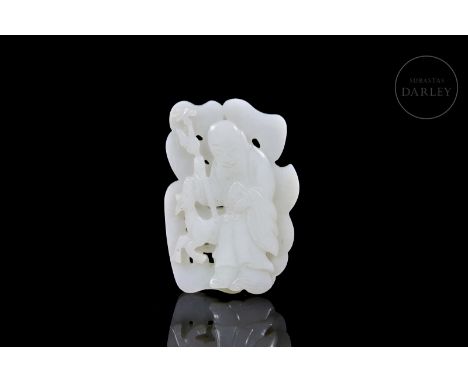 A finely carved jade pendant with a flattened structure, decorated on both sides with relief and openwork elements. The front