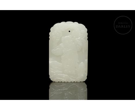 A finely carved white jade plaque. Rectangular, with curved edges and an arched top. The front face shows the image of a youn