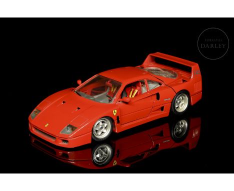 Ferrari F40 Supercar, 1987 red, 1/18th scale. Manufactured by Burago. Metal and plastic. Without box. Made in Italy.Size:  25