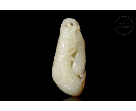 Carved white jade, in the form of elongated, rounded fruits, with thick, rough skin, hanging from thin, wavy branches full of