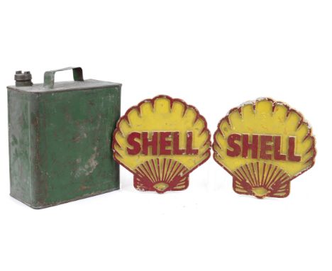 Two cast alloy Shell signs,believed post-War, shell-shaped, each painted in red and yellow, with mounting bolts to reverse (o
