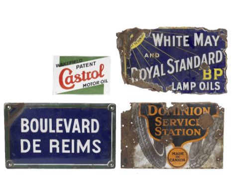 Four enamel signs,comprising a French 'Boulevard de Reims' street sign, single-sided, in blue, white and green enamel, with h
