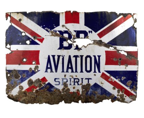 A rare BP Aviation Spirit 'Union Jack' enamel sign, 1920s,single sided, , 90 x 137cm, distressed worn and rusted with loss. F