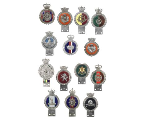 Fourteen J R Gaunt enamel car badges,made in Birmingham and London, majority military including Royal Observer Corps, Royal T