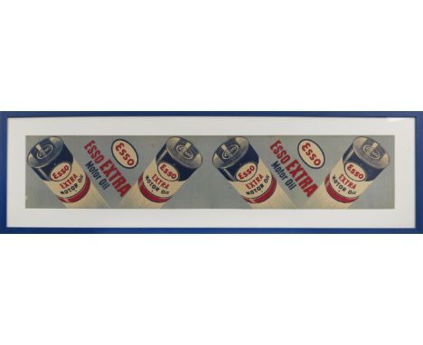An Esso Extra Motor Oil poster banner,printed in red and blue, 19 x 99cm, mounted, framed and glazed. Lot to be sold without 