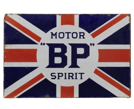 A ''BP' Motor Spirit' double-sided enamel sign, 1925,by Bruton of Palmers Green, dated '6/25' flange mounting,  enamelled in 
