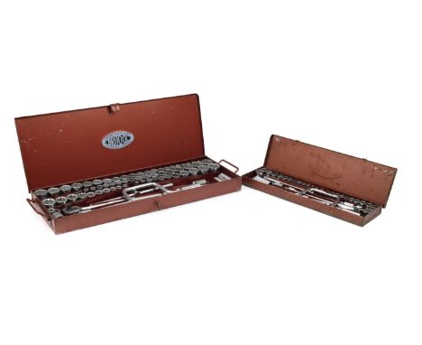 A 145B socket set by Britool,1/2 inch square drive set, chromed tools in red painted steel case, with padlock and two keys, t