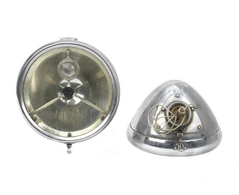 A pair of DB100 'bulls-eye' electric headlamps, British,each chromed case, pillar mounted with badge to top of rim, polished 