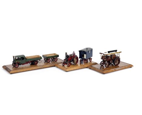 Three glazed displays of Wills Finecast 1:32 scale white metal steam models,comprising Foden 6-Ton C-Type Wagon with trailer;