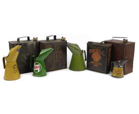 A quantity of oil cans and pourers,comprising pourers for Castrol (modern), Shell, Glico and one plain light green, the talle