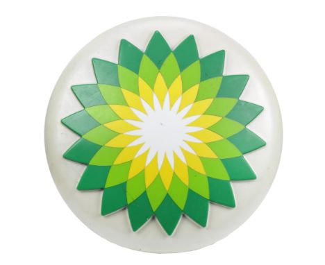 A BP 'Helios' logo light,decorated moulded plastic 'button' lens, 75cm diameter fitted with backplate mounted with two flores
