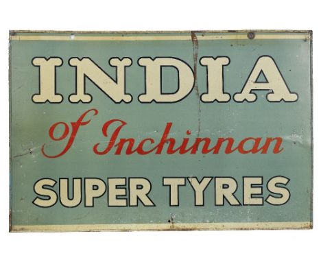 An India Super Tyres double-sided tin sign,one side for India of Inchinnan Super Tyres, in blue, white and red, the reverse f