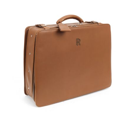 A leather weekend case for Rolls-Royce by Swaine Adeney Brigg,modern, brown leather case with handle and 'RR' impressed emble