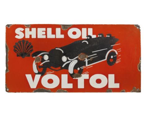 A replica 'Shell Oil Voltol' enamel sign,single-sided, in red, black, white and light grey enamel, rounded corners with holes