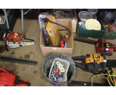 A bucket and contents of various solder wire; floodlight and a box containing various hand tools etc.