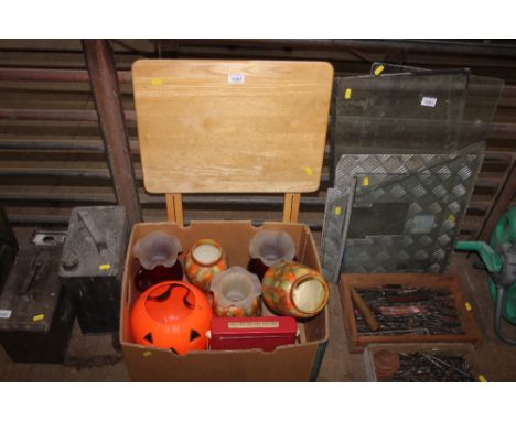 A box of various vases; glass light shades etc; together with a small folding table