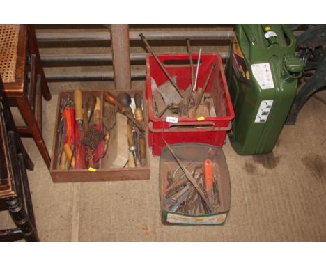 Three trays of various hand tools; a horn etc