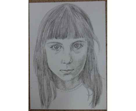 Rebecca Fortnum (b.1963), Portrait of a young girl, pencil on postcard, signed and inscribed on reverse, RCA printed details 
