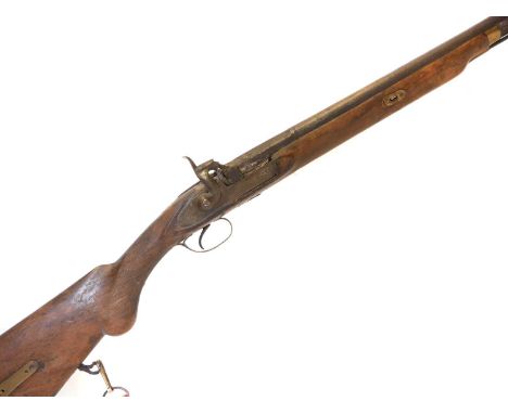 Indian percussion 11 bore single barrel sporting gun, 38 inch sighted barrel, chequered pistol grip stock fitted with patch b