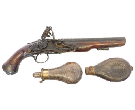 Flintlock cavalry pistol, 9inch barrel, brass furniture and full stock, together with a Sykes patent powder flask and a shot 