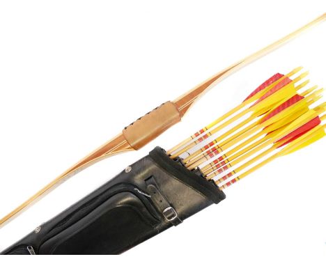 Long bow, mahogany and maple laminate, 68" 35# with bag, also a collection of archery equipment including twenty four arrows.