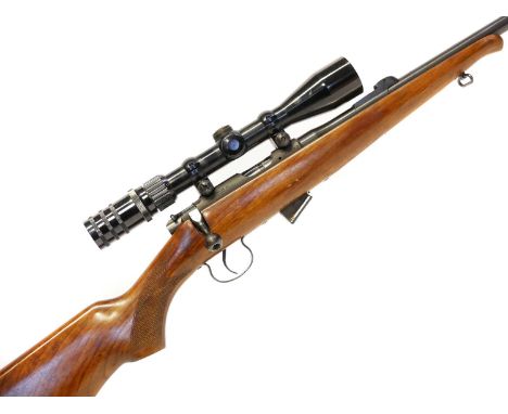 Brno CZ .22lr model 2 bolt action rifle and moderator, serial number 239163, 24inch barrel, rear sight,removed, one five shot